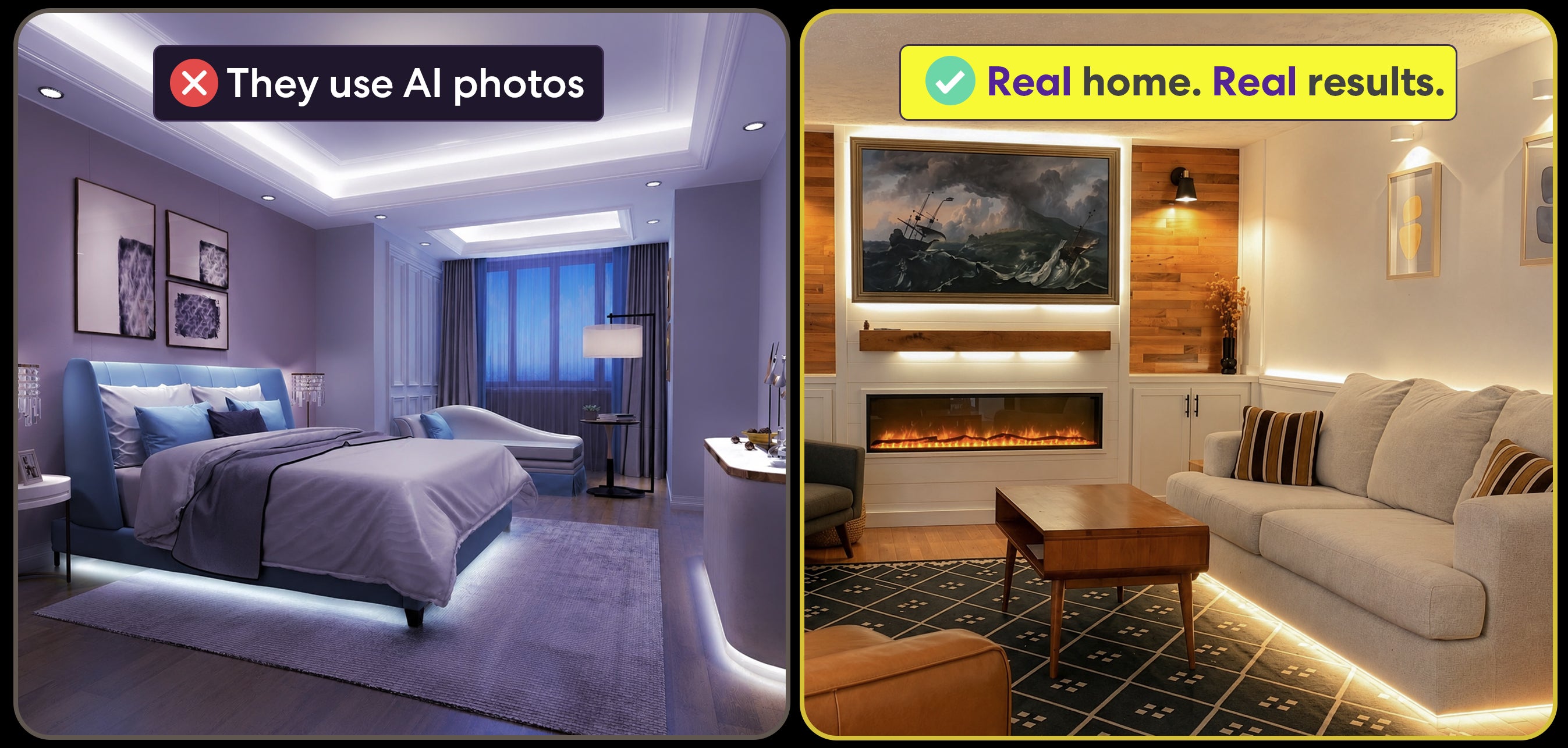 Competitor AI render vs GlowRight real home photo