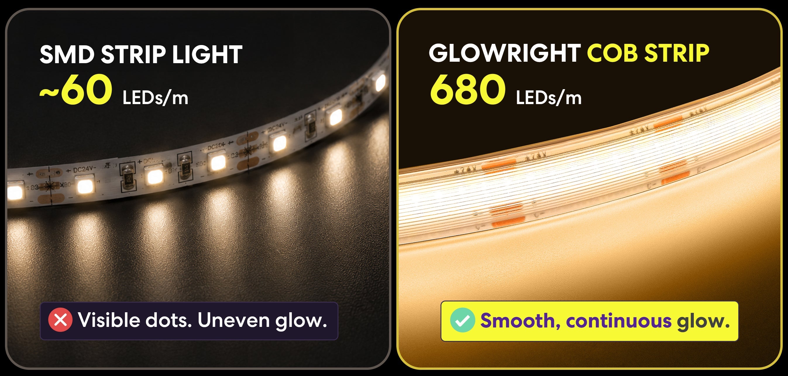 Macro comparison: SMD dotted strip vs COB seamless glow